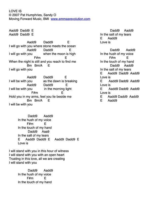 Love Is - Lyrics with Chords in A - Emma's Revolution