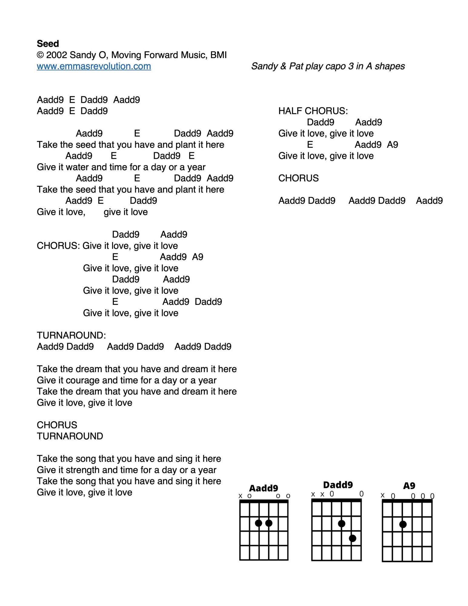 Seed - Lyrics with Chords as Sandy & Pat Play Them - Emma's Revolution