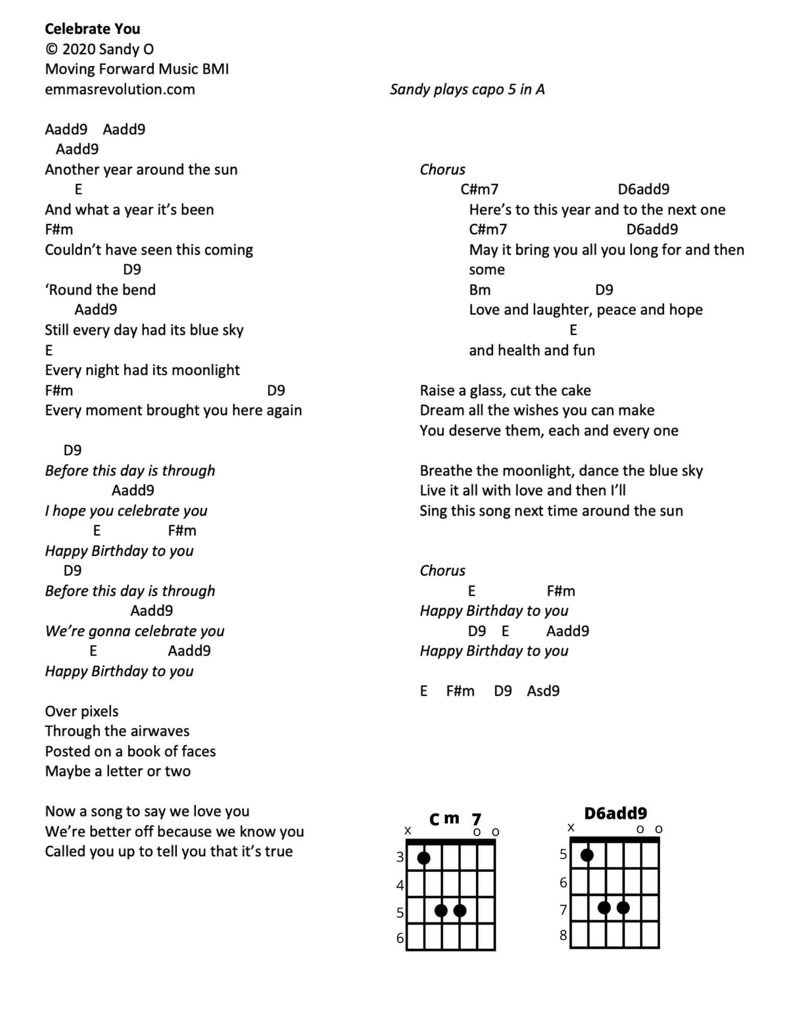 Celebrate You - Lyrics with Chords as Sandy Plays Them - Emma's Revolution