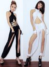 DJ / Female Singer Cross Hanging Neck Strap Sexy Lantern Black / White Jumpsuit