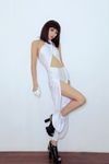 DJ / Female Singer Cross Hanging Neck Strap Sexy Lantern Black / White Jumpsuit