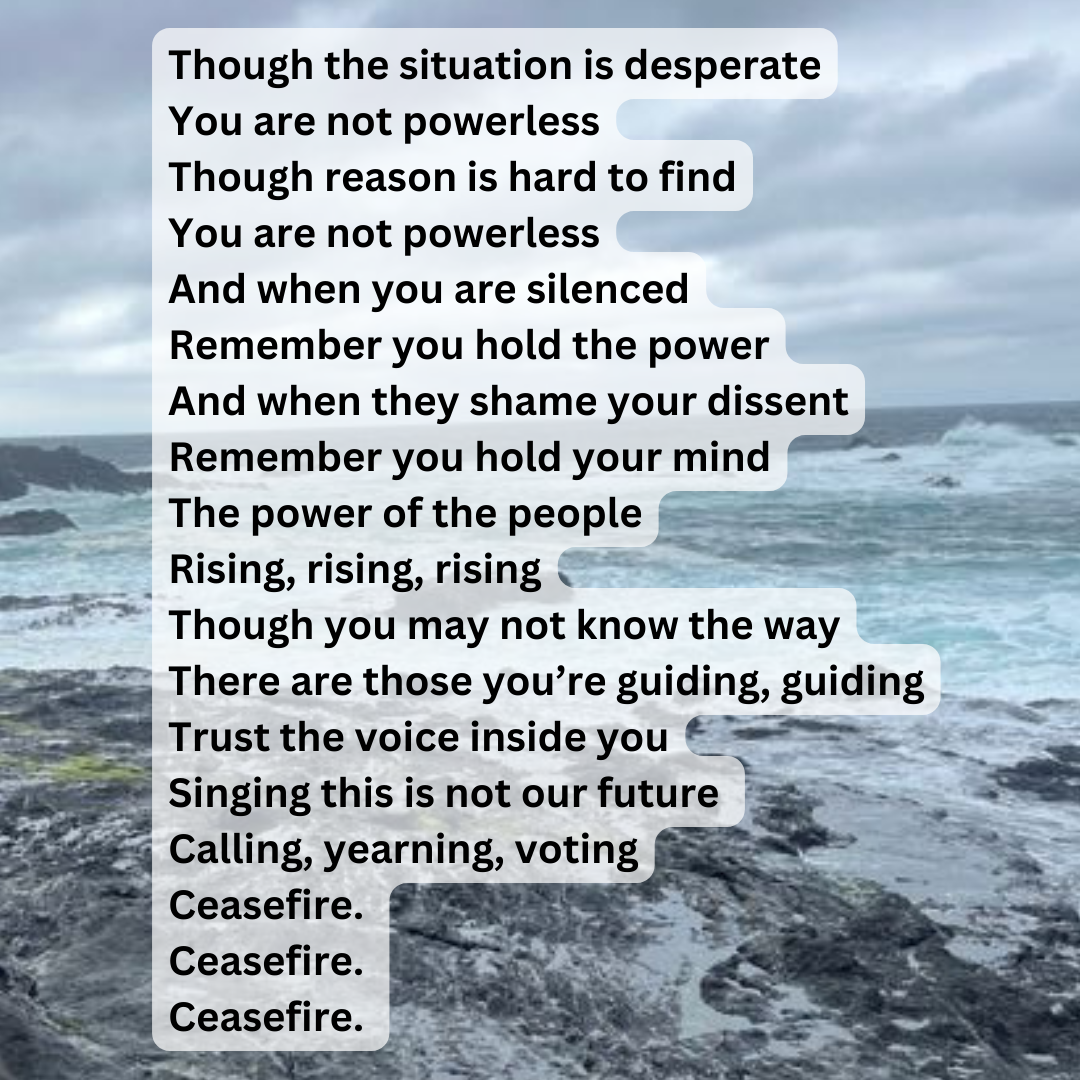 Though the situation is desperate You are not powerless Though reason is hard to find You are not powerless And when you are silenced Remember you hold the power And when they shame your dissent Remember you hold your mind The power of the people Rising, rising, rising Though you may not know the way There are those you’re guiding, guiding Trust the voice inside you Singing this is not our future  Calling, yearning, voting Ceasefire.  Ceasefire.  Ceasefire. 