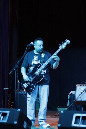 Tony Soto on bass. His shirt says it all. L-Town Allstars @ Dickens Opera House, Longmont, CO, 1-29-2011. Photo by Kip Martin.

