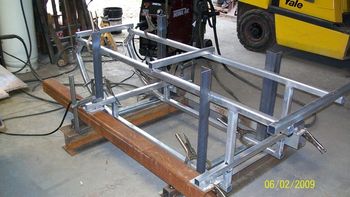 Custom Aluminum cart in fixture during fabrication process. 6061-T6 Alum. Tube Material
