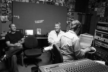 Paul Andre, the man behind Duckhole Records, with Myles and me in the studio.
