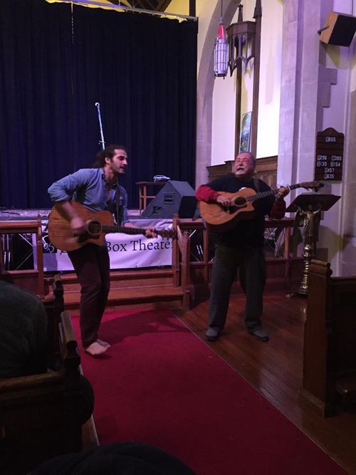 Adam performing with Bread Box Theater founder Bruce John for their Winter fundraiser February 17, 2019
