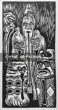 "Spitting Tikis" Relief Print