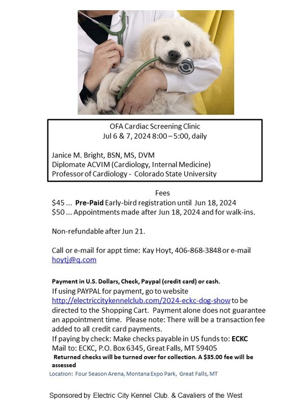 Electric City Kennel Club Jul 67, 2024 HEART SCREENING CLINIC