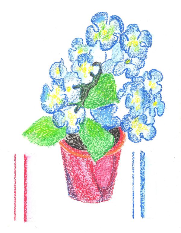 A painting of red pot with blue flowers made with watercolor crayons sold for under $5. 