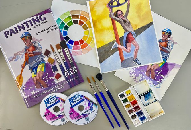 ARTistic Pursuits art instruction book , Painting with Watercolors, along with three watercolor paintings and watercolor brushes and set links to NEW Books+Video page.