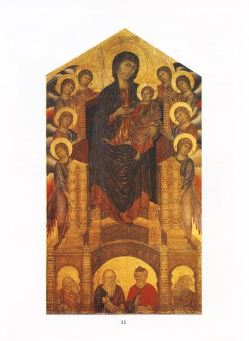 As children look at the work by Cimabue, they count angels, look for stamping in the gold, and ponder whether the artist has chosen a natural setting for his figures or invented a grand setting.
