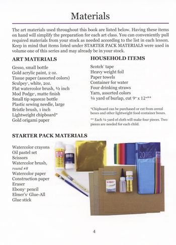 Having supplies on hand will help you to smoothly implement your art classes. A complete list is given in the front of the book and lists for each project are given on each project page.
