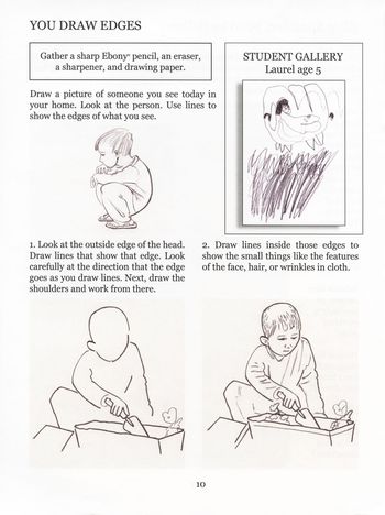 Children are ready to make their own drawing. Steps describe how to look at the edges of the head and body. Then draw lines inside those edges to show the small things like features of the face or wrinkles in cloth.
