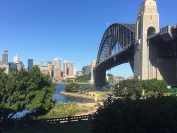 Sydney Harbour Bridge is in the background. This side of the bridge is away from the city.
