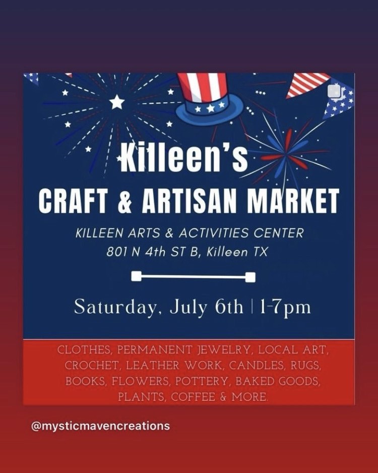 Killeen Craft and Artisan Market. Killeen Arts & Activities Center. 801 N 4th St B, Killeen, Texas.clothes, permanent jewelry, local art, crochet, leatherwork, candles, rugs, books, flowers, pottery, baked goods, plants, coffee, and more.