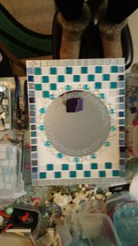 Small Wall Hanging Teal and Silver Mosaic Wall Mirror