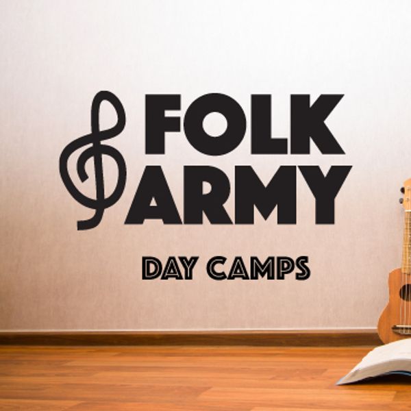 "folk army day camps" in bold, black lettering on a plain white wall with flooring underneath