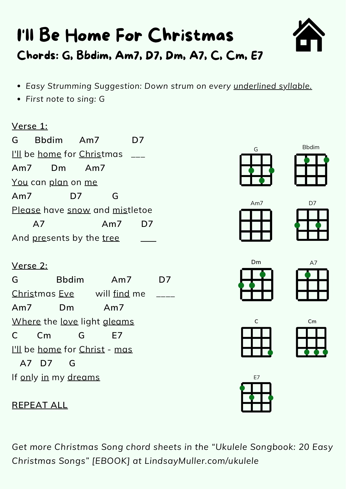 How to play I ll Be Home For Christmas on Ukulele FREE PDF chord sheet and tutorial for beginners