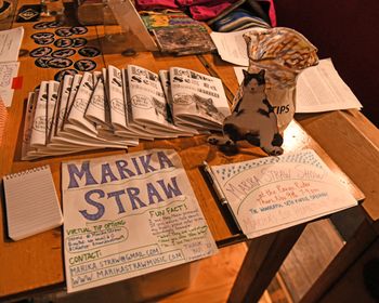 The merch table at my Nov 2023 Range Rider show included gay stickers for "People Like Us" local 2SLGBTQIA+ nonprofit, information on how to act in solidarity with Palestinian liberation, & the queer sex ed zine some folks were trying to get banned. Photo courtesy of Roger Averbeck.
