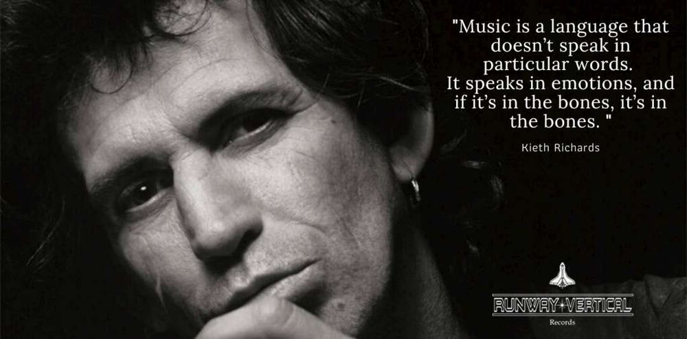 Keith Richards music quote portrait - Music is a language that doesn’t speak in particular words. It speaks in emotions, and if it’s in the bones, it’s in the bones.
