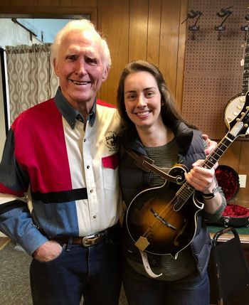 Marina with former Bill Monroe and the Bluegrass Boys fiddler Byron Berline at the new Double Stop Fiddle Shop in Guthrie, OK.
