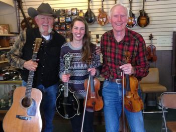Marina with former Bill Monroe and the Bluegrass Boys fiddler Byron Berline and Jim Garling at the original Double Stop Fiddle Shop in Guthrie, Oklahoma.
