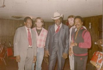 at The Sunflower , Clarksdale, Mississippi - Johnny Billington, myself, "Big" George Brock, a writer from Living Blues Magazine & Bobby Little after our show. 1991
