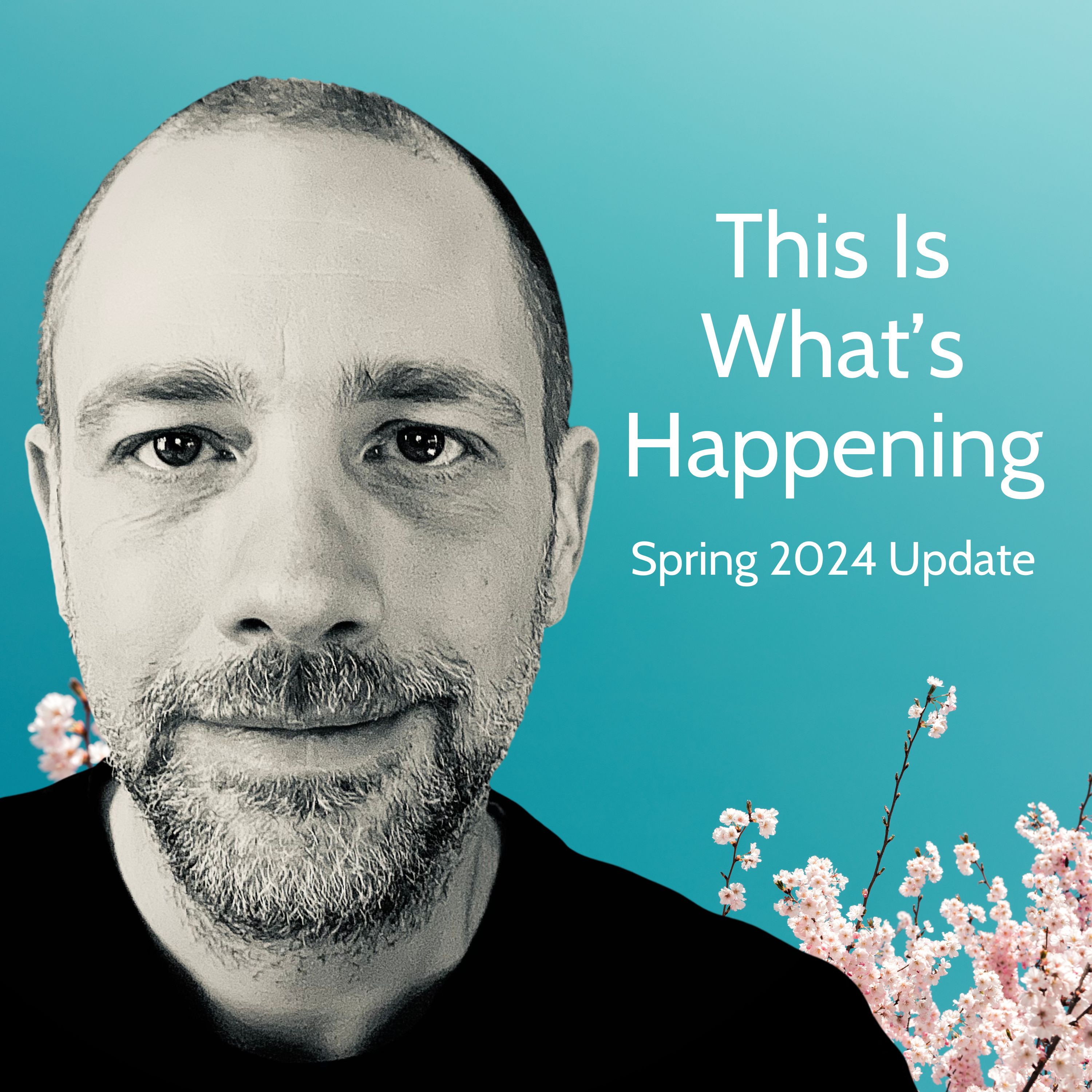 Matt Kollock smiles at the camera against a blue-green background featuring blooming flowers and text reading, 