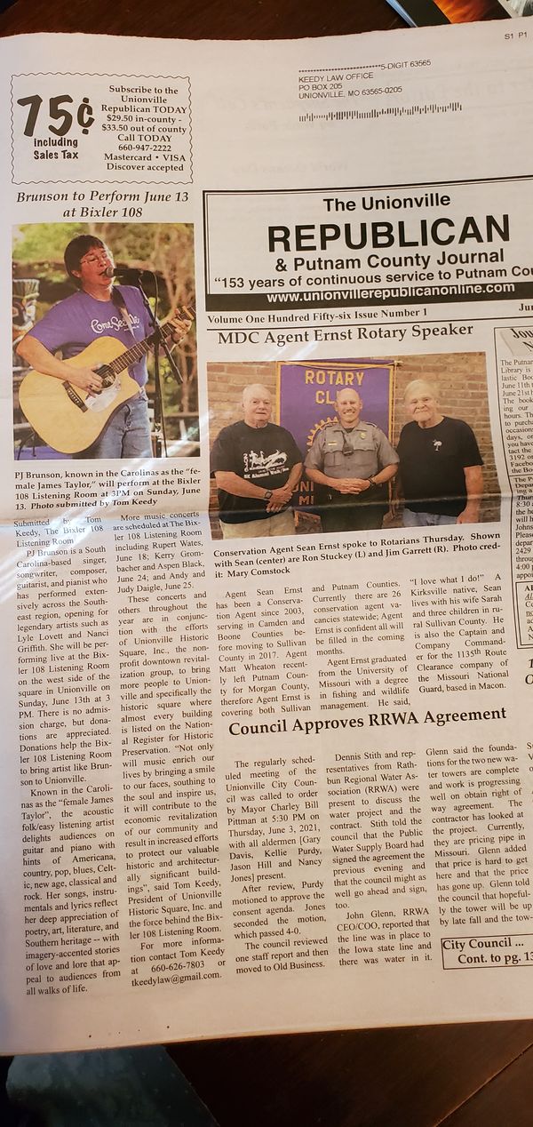 Front page of the Unionville, Missouri paper for my Missouri debut. 