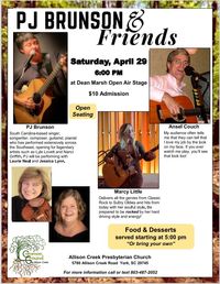 Allison Creek Presbyterian Church Music Series  Featuring Ansel Couch, Marcy Little, PJ Brunson w/Jessie Lynn & Laurie Neal