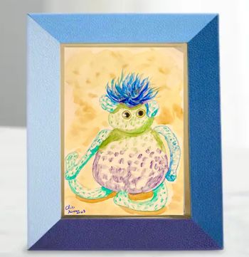 Funny knitted creature on my book shelf - watercolor
