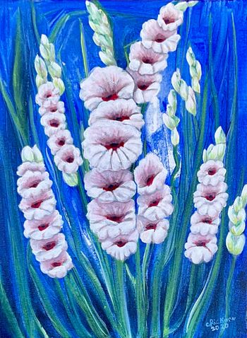 White gladiolus in blue background - acrylic
