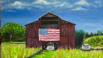 Trifecta, Oil, 22x36, $750 -  Three of my favorite things, The AMERICAN FLAG, a barn, and classic cars.