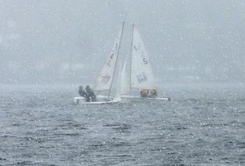 Snow on first day of sailing in spring
