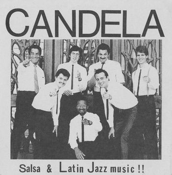 This 1987 flyer, features our first promo photo, taken by bassist David Belove, who soon after joined the band. From top to bottom and left to right: Pianist Carlos Federico (RIP), Trombonist Jeff Cressman, Bassist Mike Madrigal, Trombonist Marty Wehner, Timbalero Karl Perazzo, Bongocero Jesus Diaz and Conga drummer and lead singer Edgardo Cambón.
