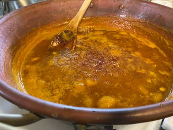 Mango jam in copper pot
