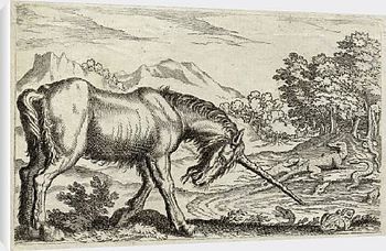 This engraving shows a unicorn cleaning a poisoned pool with its horn. Serpents, the traditional poisoners of the water, can be seen fleeing from the unicorn.
