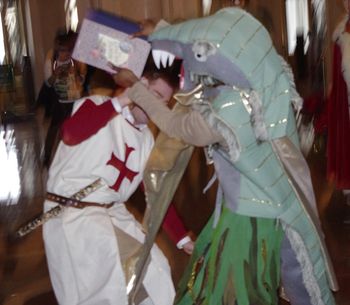 The fight between St. George and the Book Dragon was the central incident of our play. Photo by Stephanie Hall.
