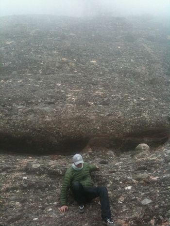 Climbing down a cliff face in Montserrat, Spain.
