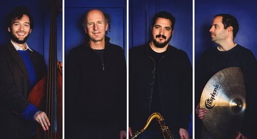 The band "Tet-rap-tych" four panel photo with Bert Seager on piano, Hery Paz on Saxophone, Dor Herskovits on drums, and Max Ridley on bass