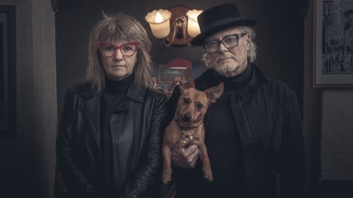 Suzy Starlite,  Simon Campbell and a random dog. Photo by Paul Husbandhe Met Bury. Photo by Dario Leonetti