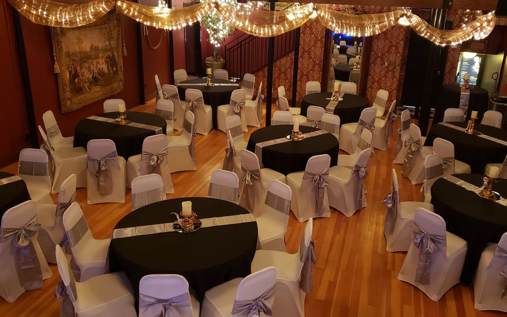 The Great Room has beautiful hardwood floors, an elegant balcony, stage and high ceilings. 