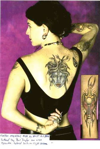 Tattoo Magazine: Photos of Lisa's arms inked by Paul. Inset shows detail of surreal color work
