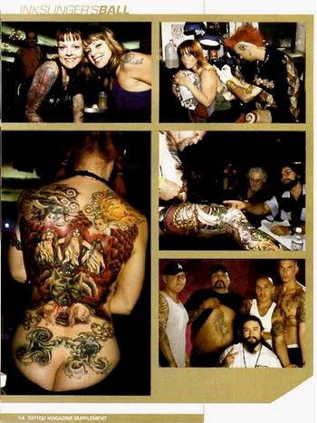 Inkslinger's Ball: Paul (with red mohawk) in upper right tattooing seated client
