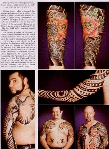 Tattoo Magazine: Article on Sacred Rose with surreal tribal sleeve by Paul, center (7/03)
