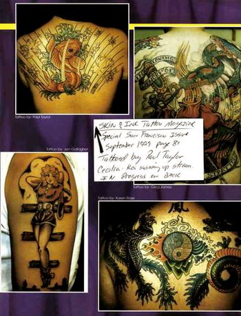 Skin & Ink Magazine: Upper left photo of Japanese koi swimming up a waterfall of flowers (9/99)
