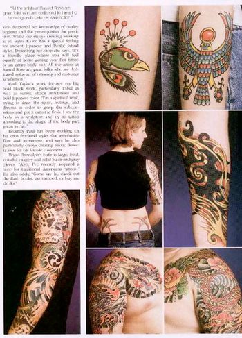 Tattoo Magazine: Featured hand-tap/machine hybrid by Paul (center-right, 7/03)
