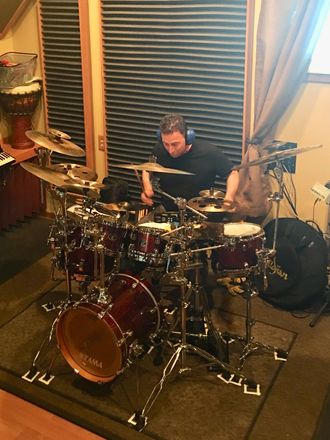Clay playing drums for The Grifters Caravan. at Base Camp Recording studios.