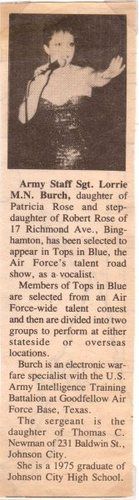 1985 - I competed in the Air Force Talent Contest, and won 1st Place in the Female Vocalist through all levels, including their Worldwide competition. I got selected to tour with Tops in Blue, the AF's entertainment showcase. It was an honor under any circumstances, but even more so for me - since I was in the Army, not the Air Force!

