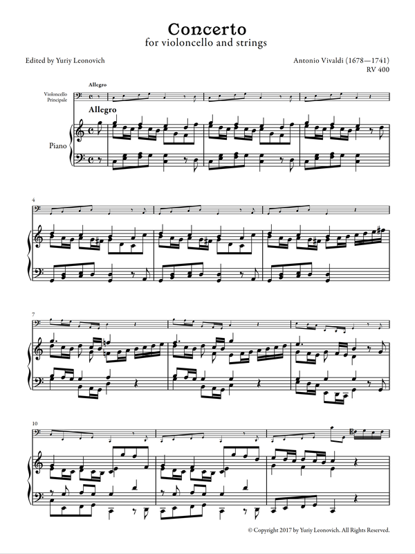 Vivaldi - Cello Concerto in C major, RV 400 (Urtext Edition, Piano)